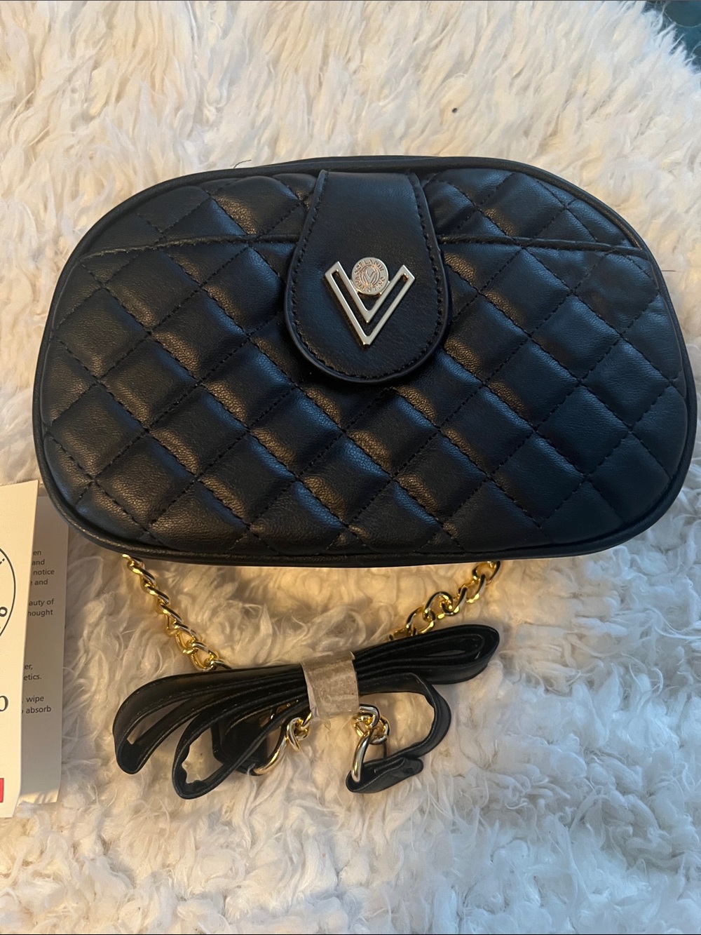 Valentino Orlandi Black Quilted V-Logo Crossbody Bag with Gold Chain